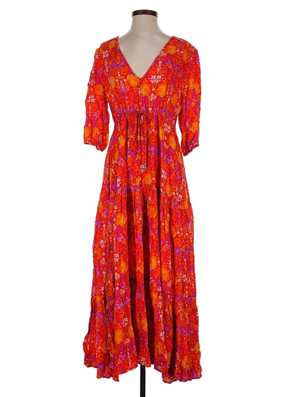 Able The Label Anthropologie Colorful Maxi V-Neck Dress Floral Drawstring Waist